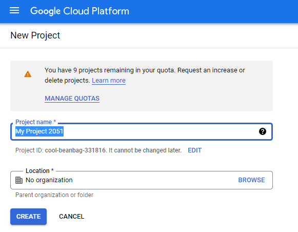 yeni google cloud projesi oluşturun